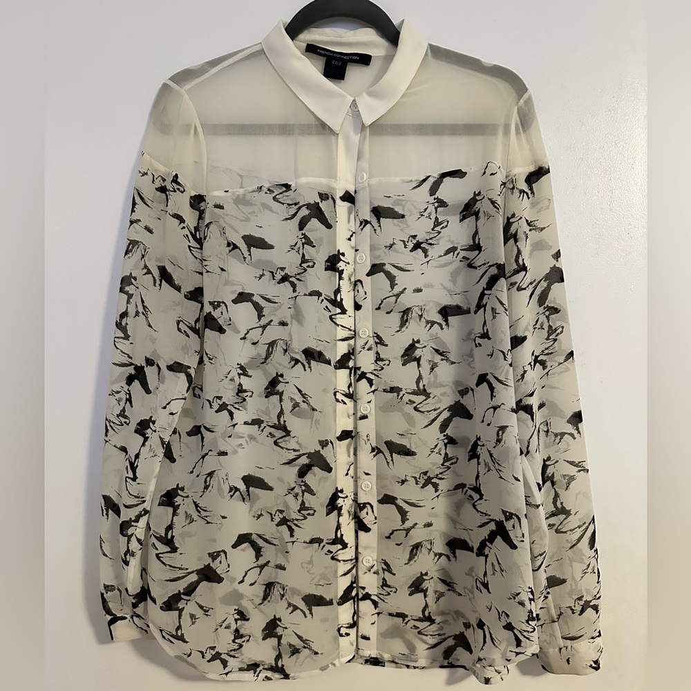 French Connection Black and White Sheer Button Down Shirt